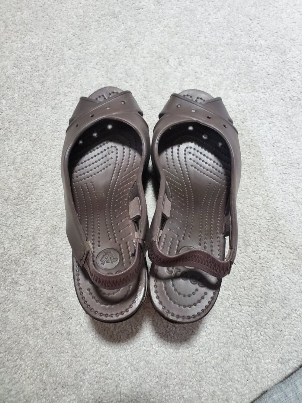 CROCS Farrah Wedge Sandals Brown Sz 9 Slingback Platform Peep Toe Summer Beach - Picture 10 of 14